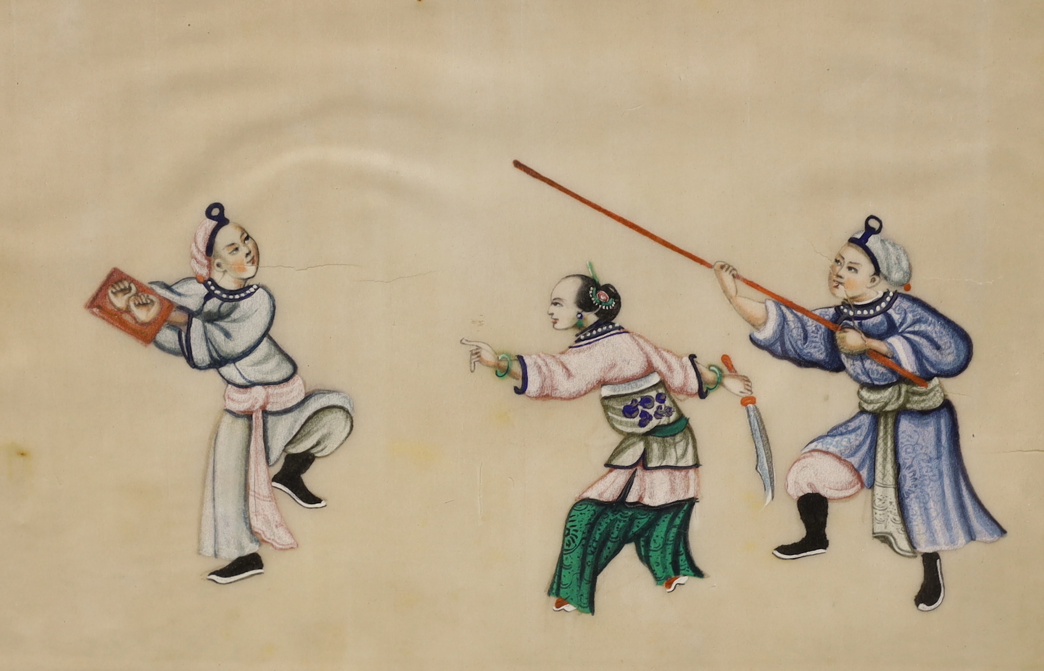 Chinese School, set of four pith paper paintings, Figures and attendants, 17 x 27cm